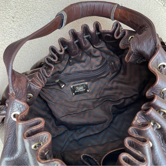 7 For All Mankind 🍂 Cow Hide Leather  Shoulder Hobo Bag in Brown | X-Large - Picture 12 of 14